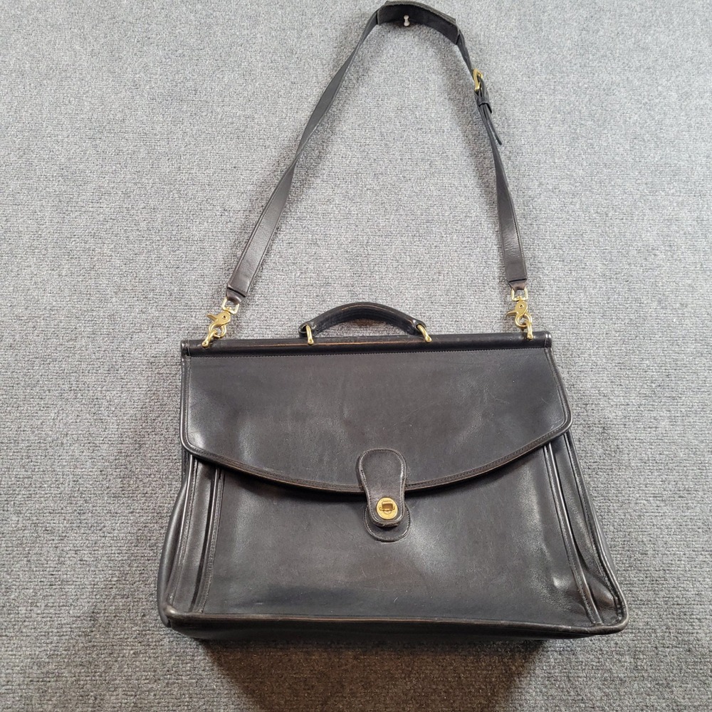 Vintage 1996 Coach 5266 Black Leather Briefcase Messenger Bag USA Brass